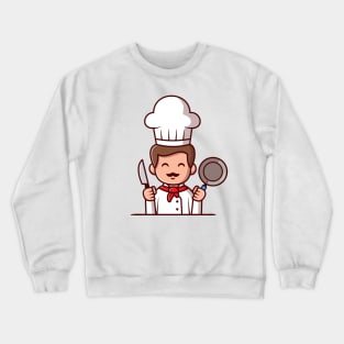 Cute Chef Holding Frying Pan And Knife Cartoon Crewneck Sweatshirt
